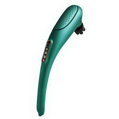 Close-up of green New Rechargeable Massager Massage; sleek electric handheld massager with control buttons for muscle relaxation.