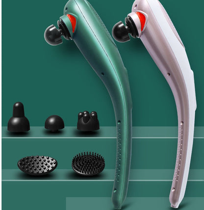 Green and white New Rechargeable Massager Massage units with 4 interchangeable heads; electric handheld fascia massage gun.