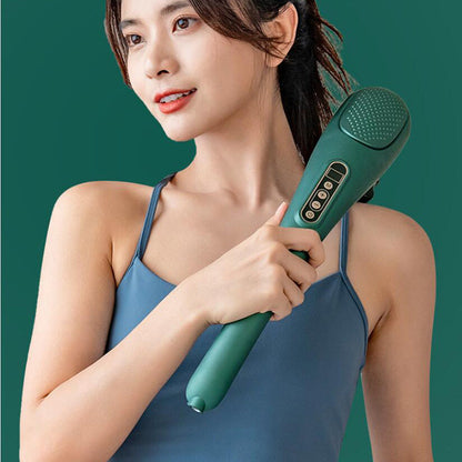 Woman using New Rechargeable Massager Massage on shoulder; electric handheld massager ideal for neck and back muscle relaxation.